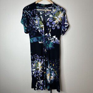 NEW Tahari Black Purple Abstract Floral Cinched Waist Liquid Knit Dress 0X